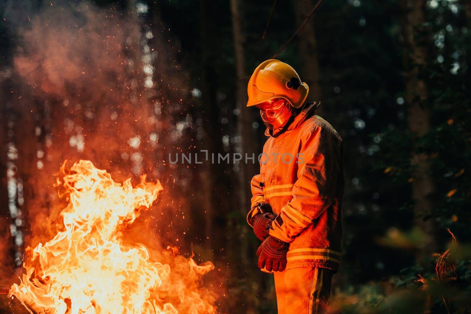 Firefighter at job. Firefighter in dangerous forest areas surrounded by strong fire. Concept of the work of the fire service by dotshock