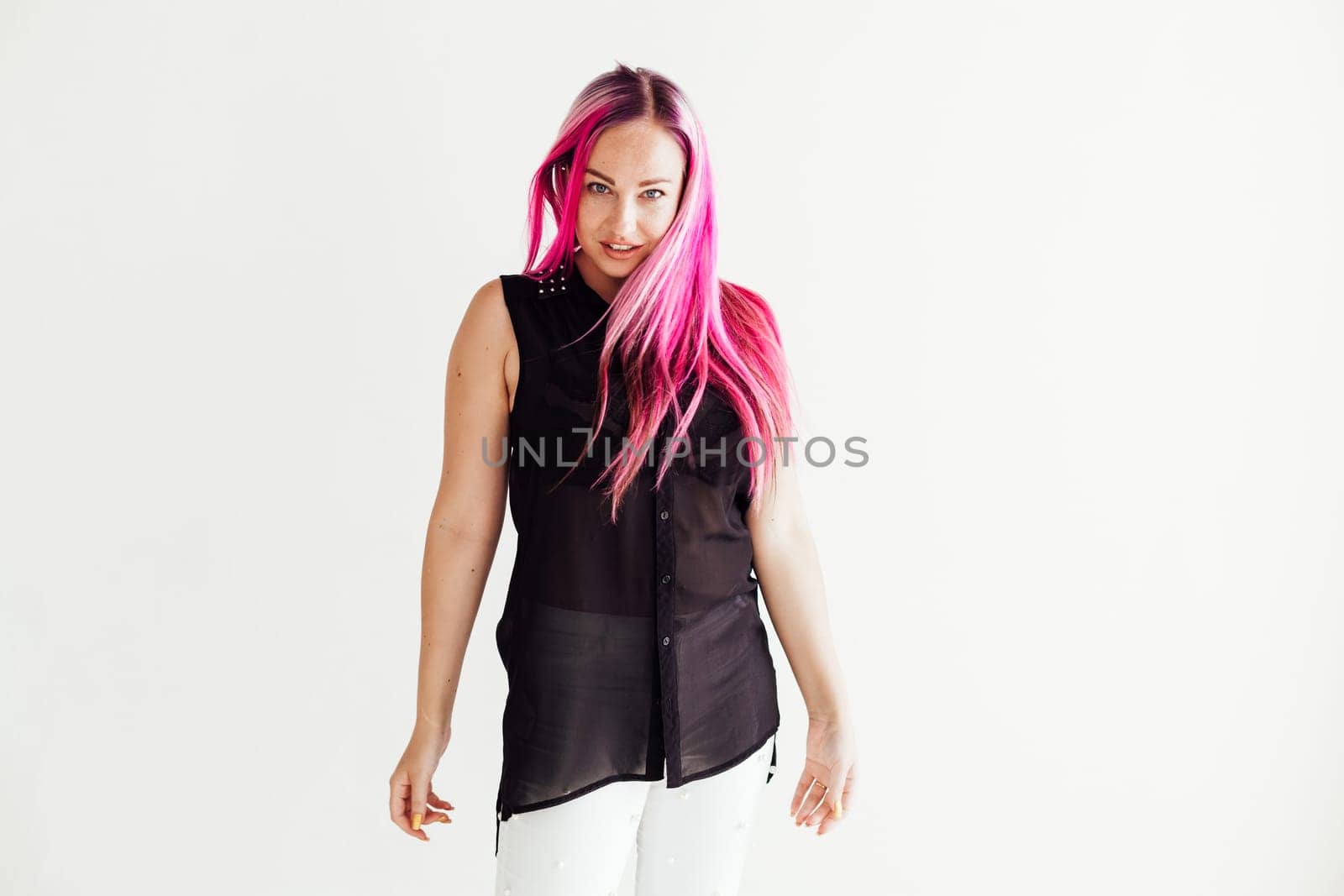 the girl with the pink hair posing on a white background by Simakov