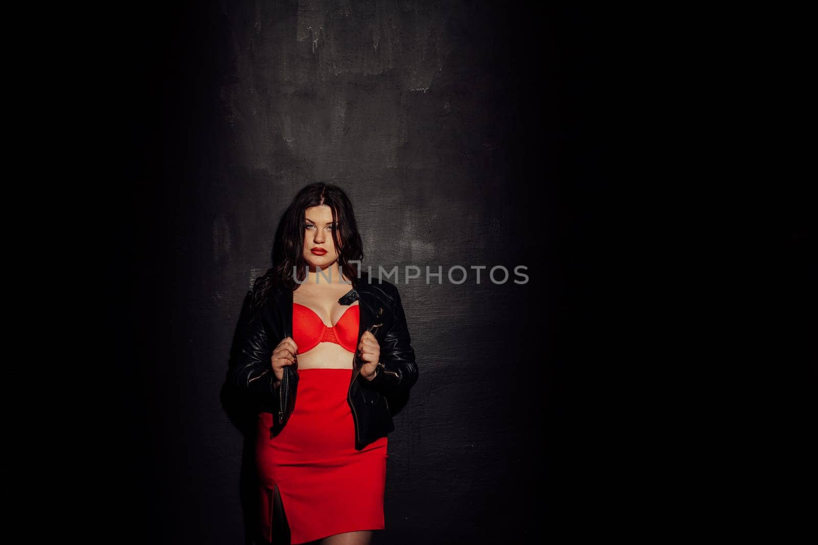 fat woman in red underwear in black room by Simakov