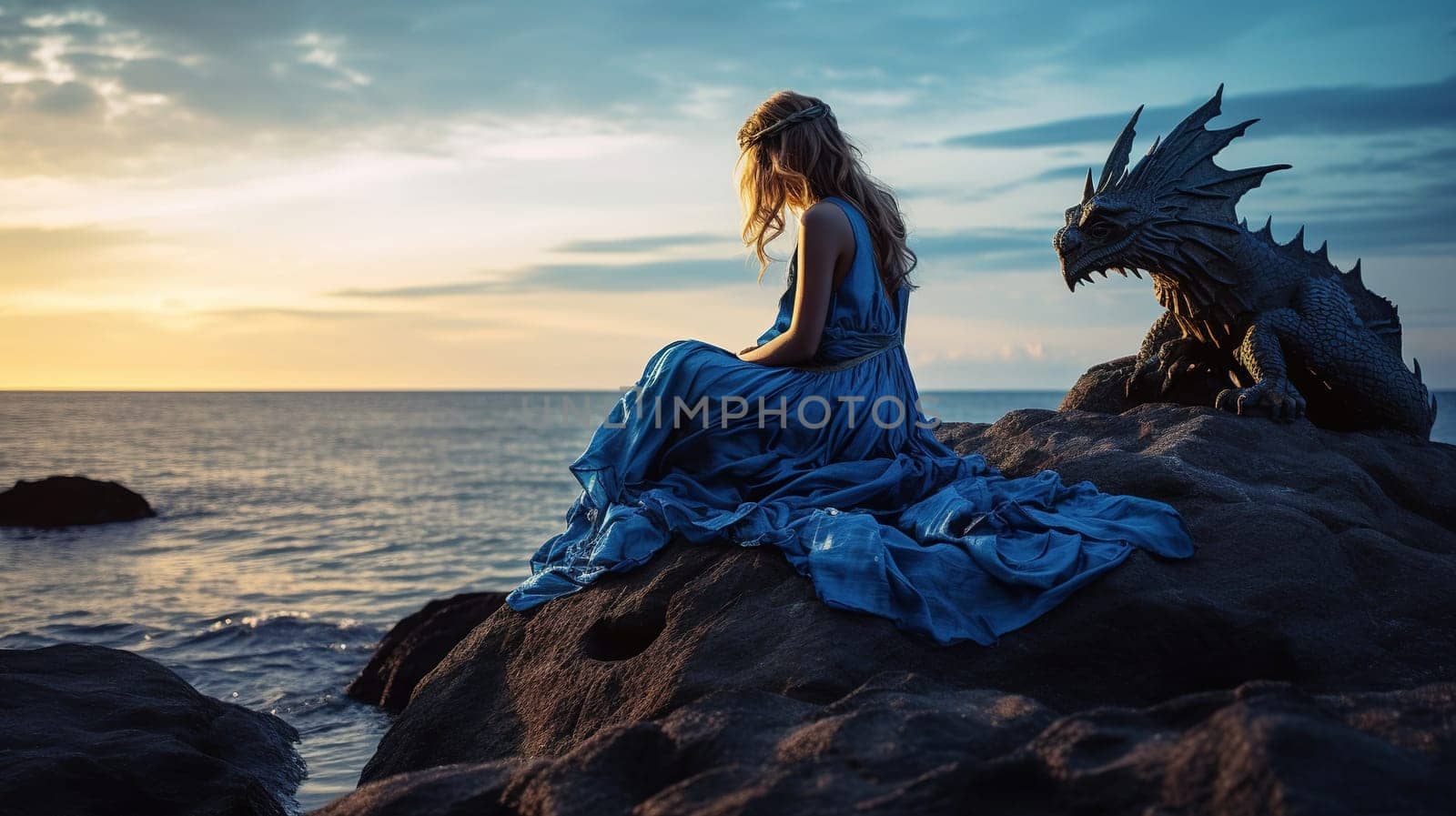 beautiful princess in blue dress with long train sits sadly on rock by the sea and a large dragon looks at her menacingly,the concept of psychology and abusive relationships,High quality photo