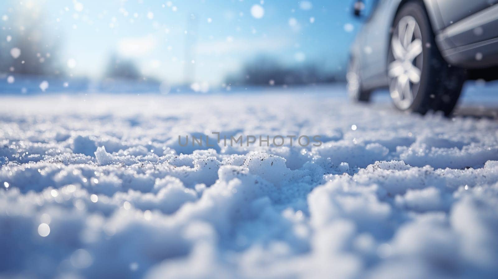 Snow-covered country road through the fields after a blizzard at sunset. Old rustic house in the background. Winter rural scene. Dramatic sky, colorful cloudscape. Ice desert.