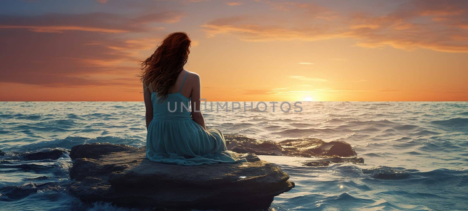 a woman with long hair in a blue dress sits thoughtfully, alone on a rock by the sea and enjoys the fiery sunset over the horizon, view from back, psychology concept, high quality photo