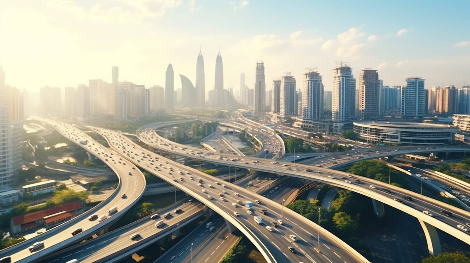 Aerial drone photo of multilevel bridge highway road interchange passing near urban residential area during rush hour by Andelov13