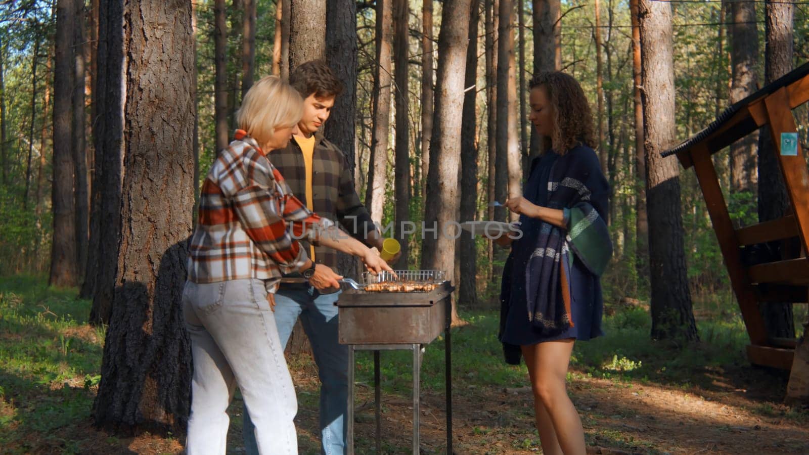Friends are standing at barbecue in nature on sunny day. Stock footage. Group of friends in nature cook meat on grill. Friends cook meat on barbecue in sunny summer forest by Mediawhalestock