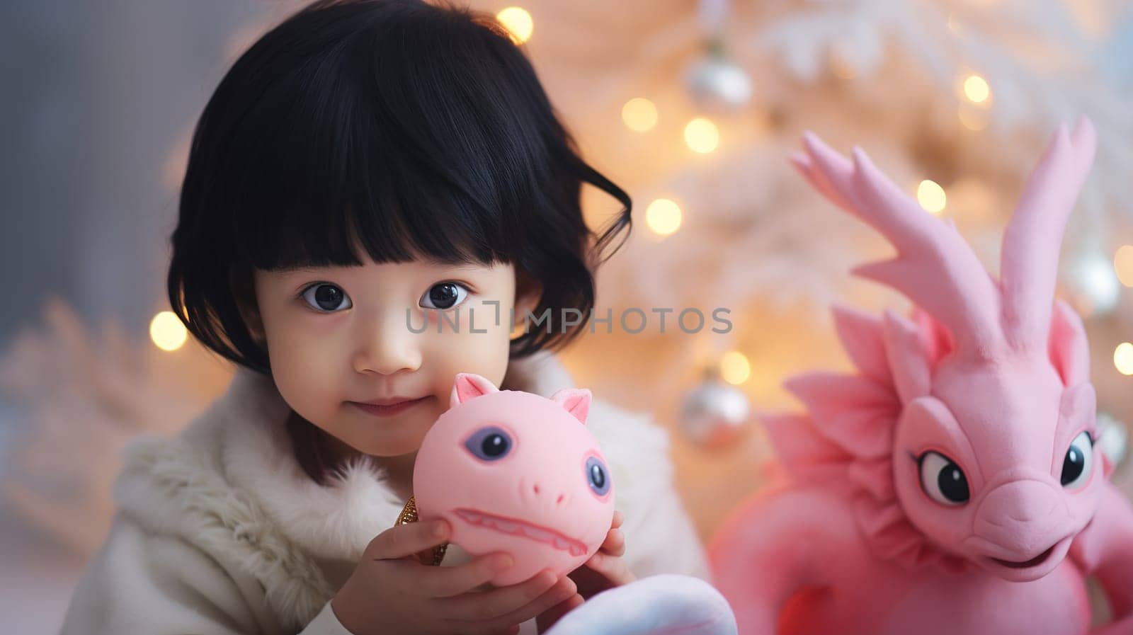 Cute little girl wears pajamas and plays with soft toy, pink dragon egg, cute toy pet, Christmas gift under the tree by KaterinaDalemans