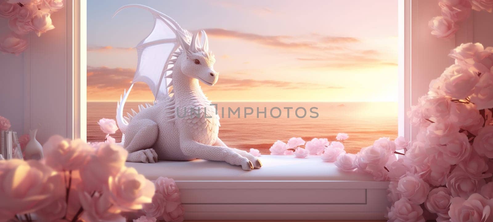 charming white dragon girl sits on the sofa in front of the window and looks at the sunset on the sea in an interior full of flowers in the style of pink unicorn,copy space,High quality illustration