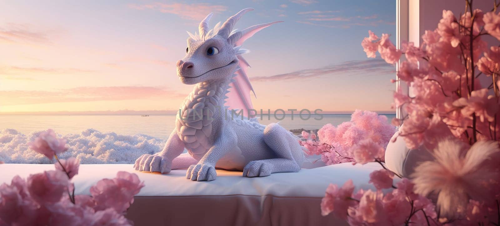 adorablwhite dragon sits on the sofa in front of the window, waits for the day to come by KaterinaDalemans