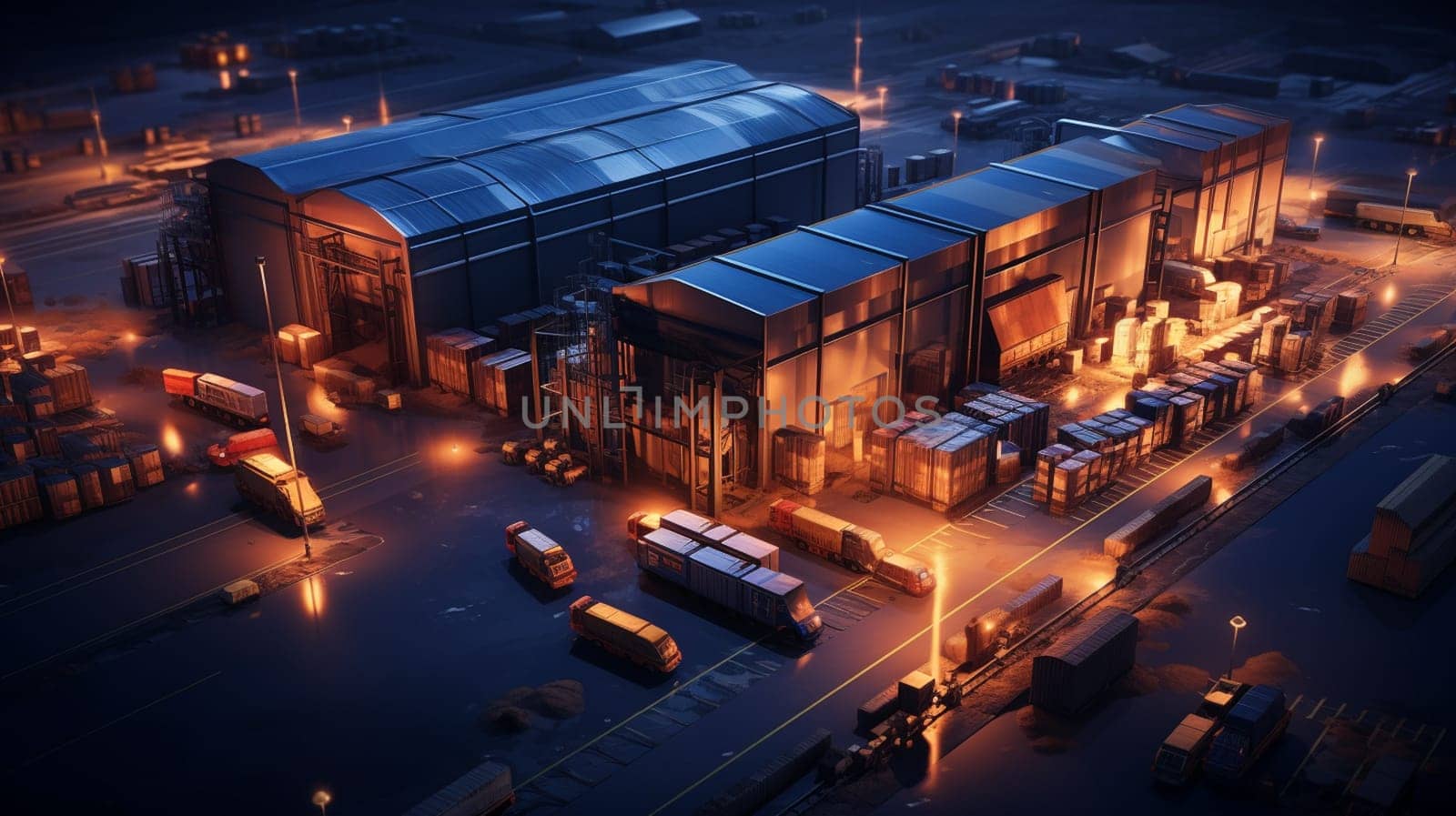 Night aerial view of a warehouse of goods for online stores. Logistic center in the industrial area of the city from above