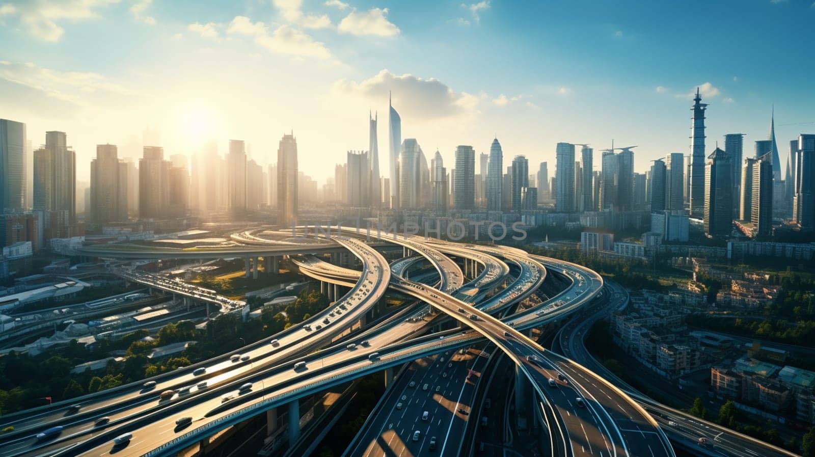 Top view city traffic of highway. road interchange.