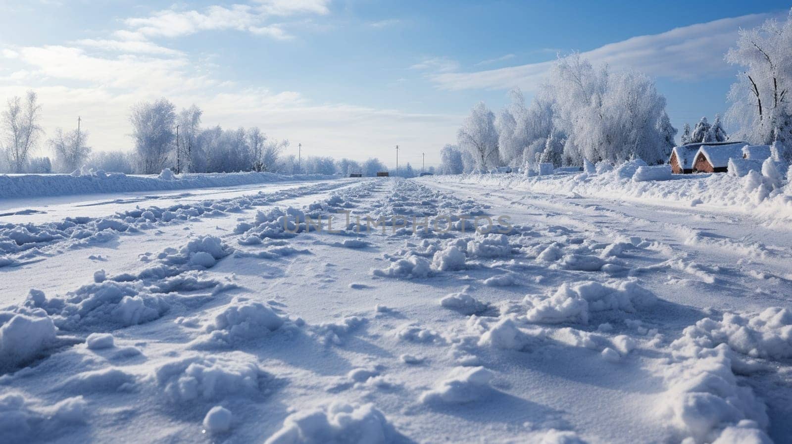 Snow-covered country road through the fields after a blizzard at sunset. Old rustic house in the background. Winter rural scene. Dramatic sky, colorful cloudscape. Ice desert.