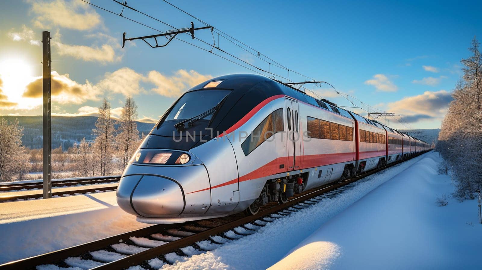 High speed train in motion on the railway station at sunset. Fast moving modern passenger train on railway platform. Railroad with motion blur effect. Commercial transportation. Blurred background