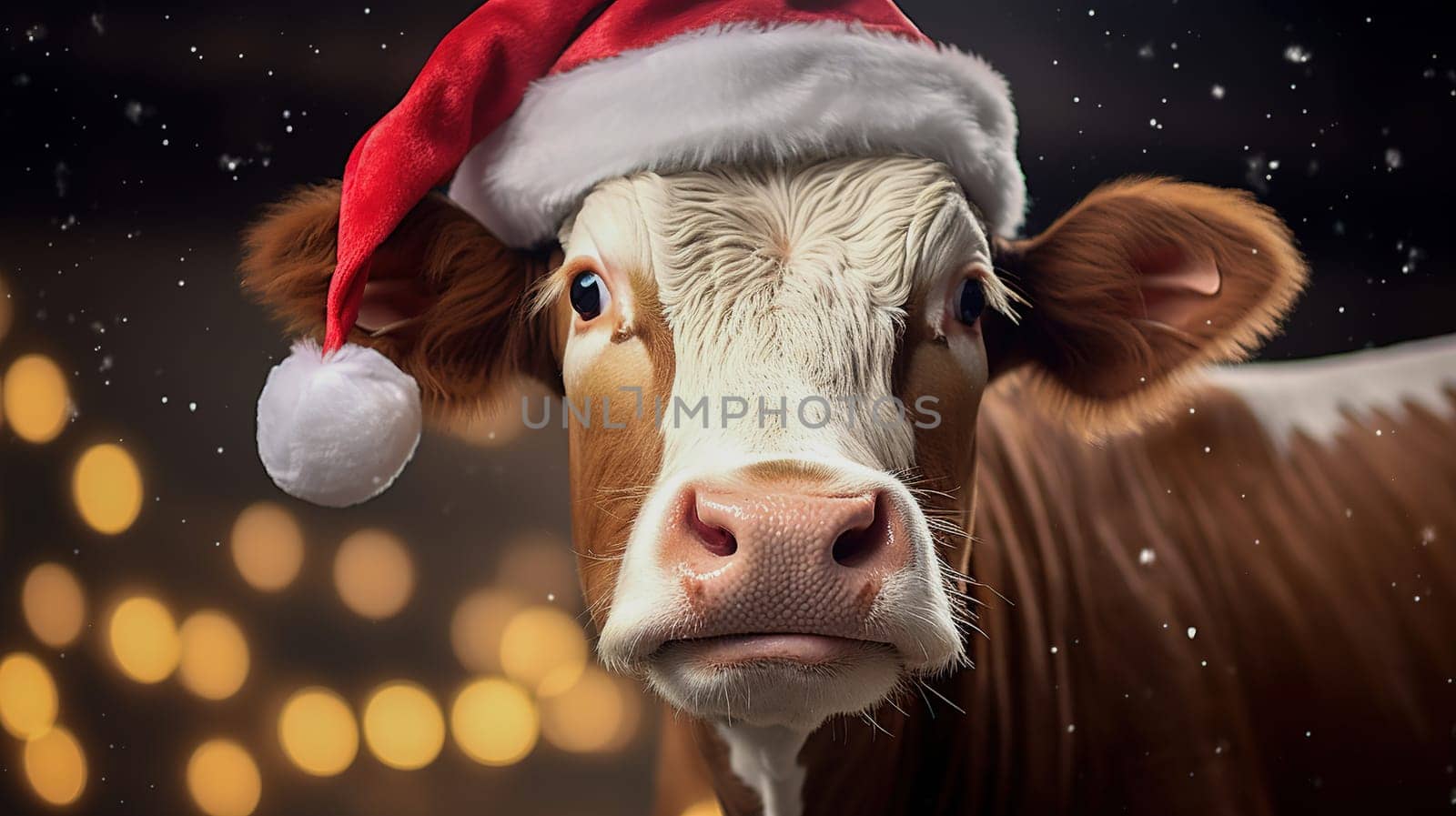 Cow in a Santa Claus hat on a background of bokeh lights, portrait of a pet, copy space, Concept of the Year of Ox by KaterinaDalemans