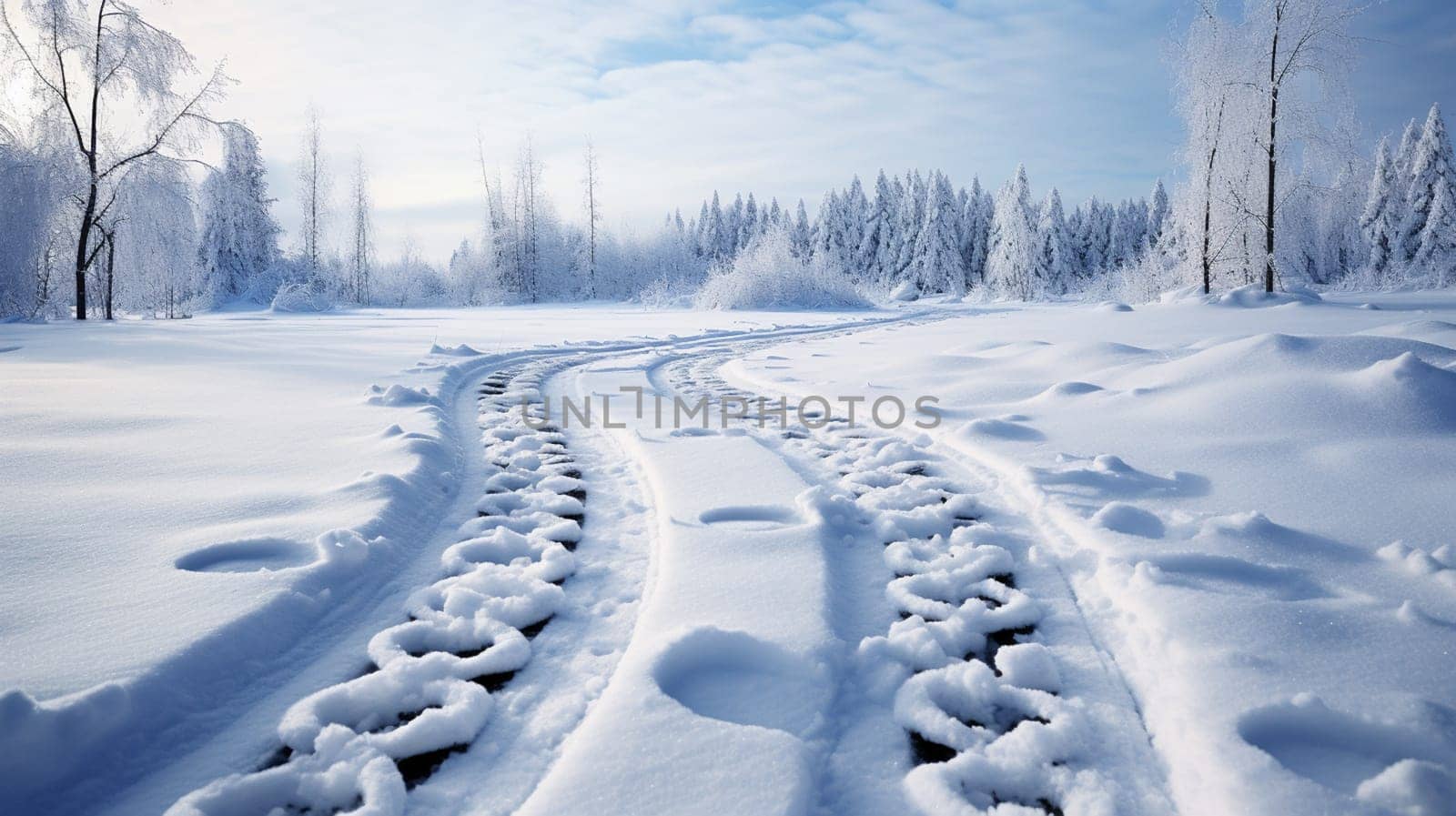 Snow-covered country road through the fields after a blizzard at sunset. Old rustic house in the background. Winter rural scene. Dramatic sky, colorful cloudscape. Ice desert.