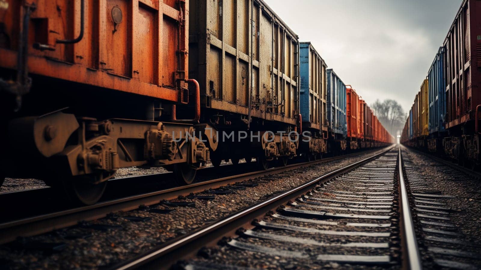 Train moves by rail, delivery of goods by freight train. Train carriages at the station.