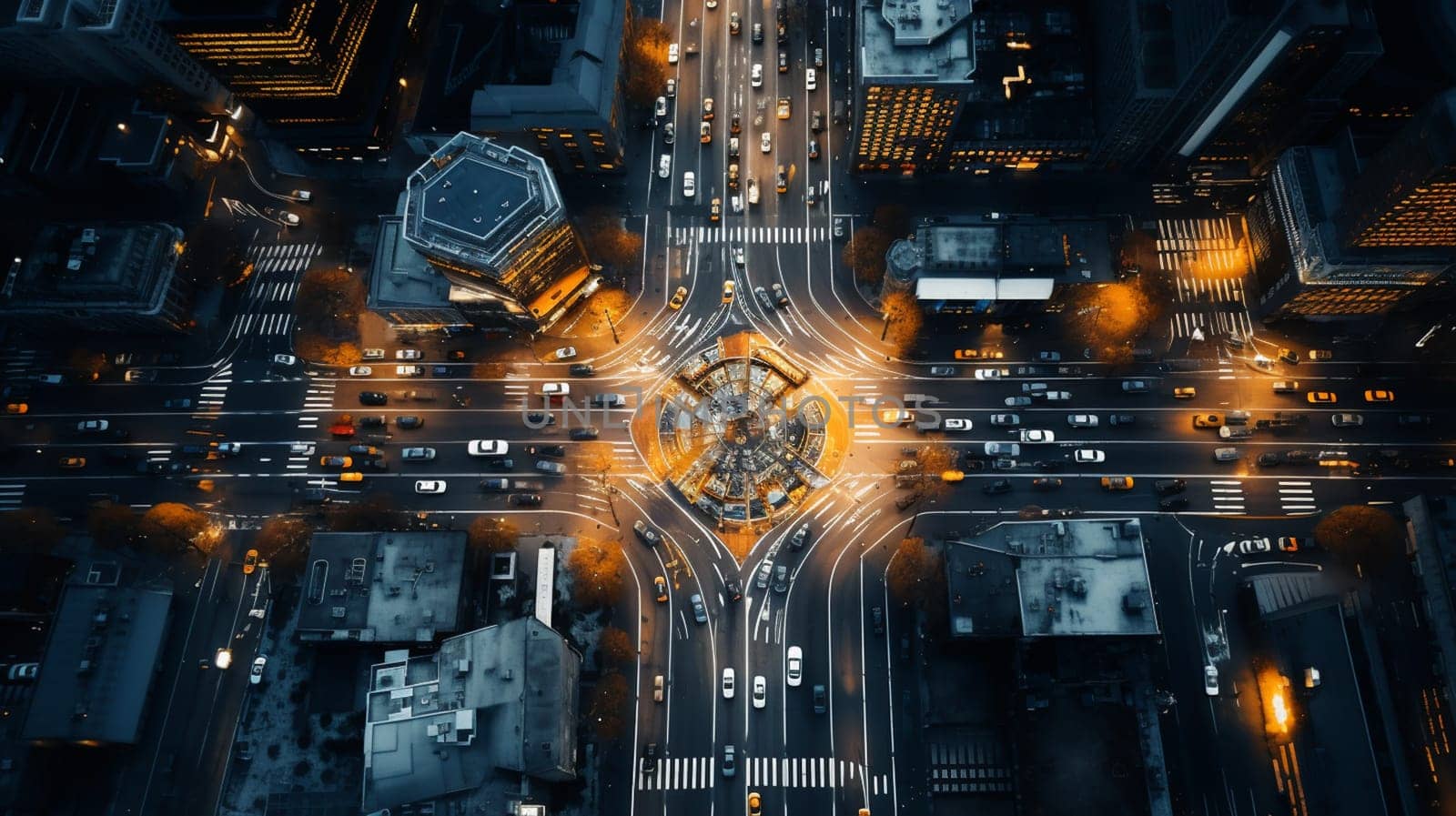 Aerial drone photo of multilevel bridge highway road interchange passing near urban residential area during rush hour.