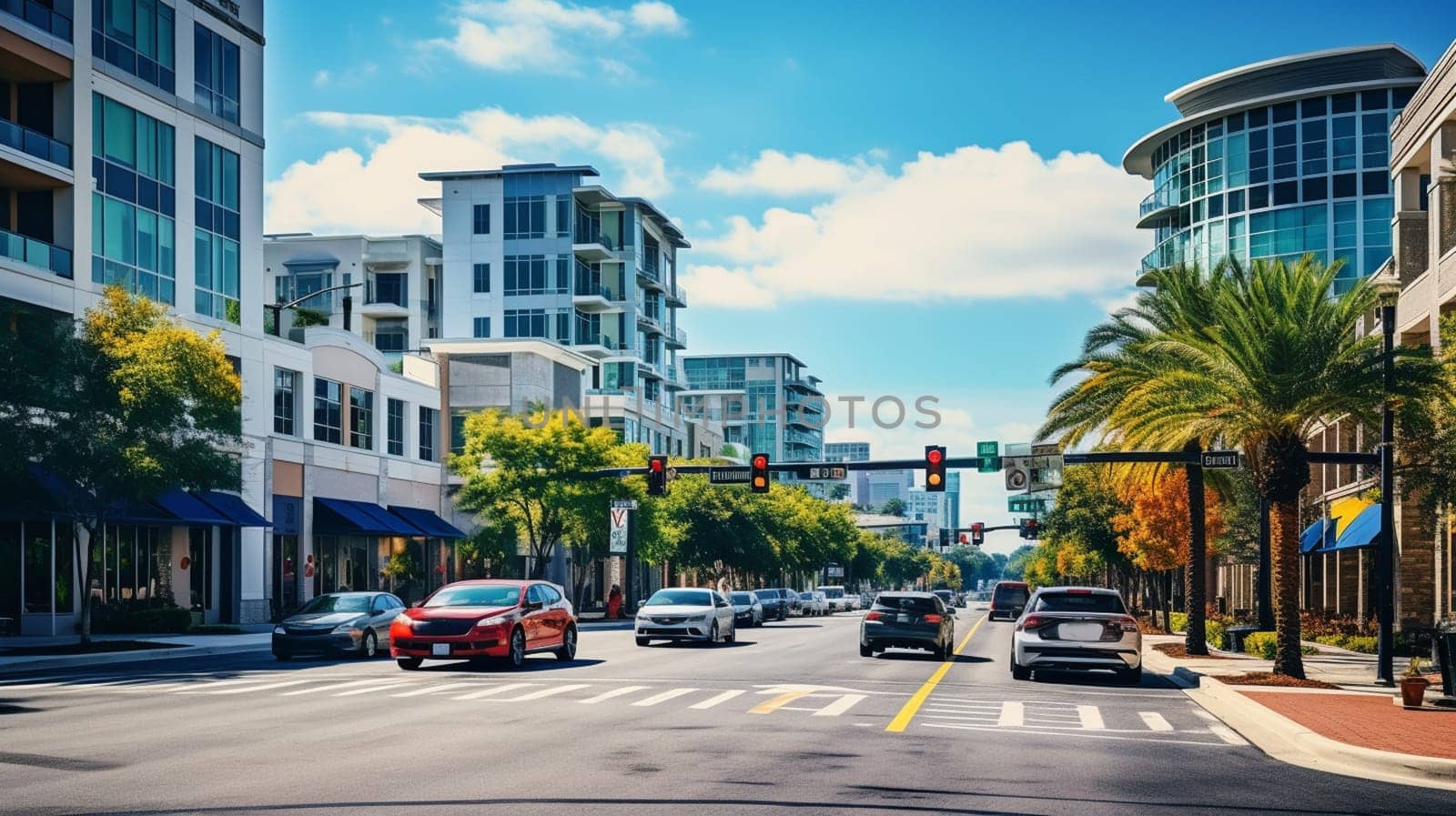 cars stopped at a red traffic light signal in the summer hot midday