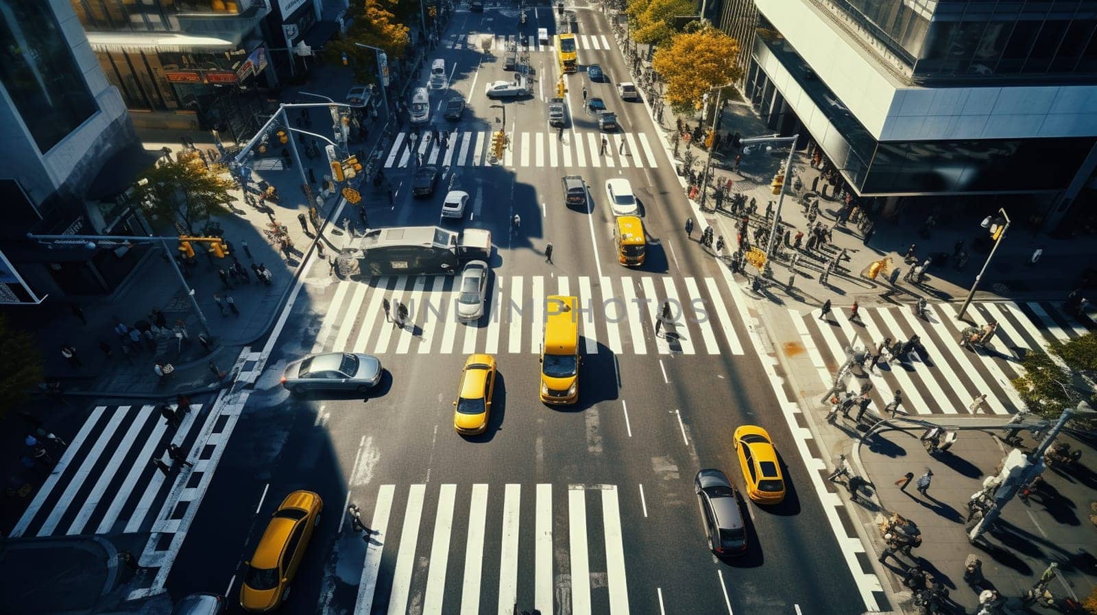 Aerial photo top view of people walk on street in the city over pedestrian crossing traffic road by Andelov13