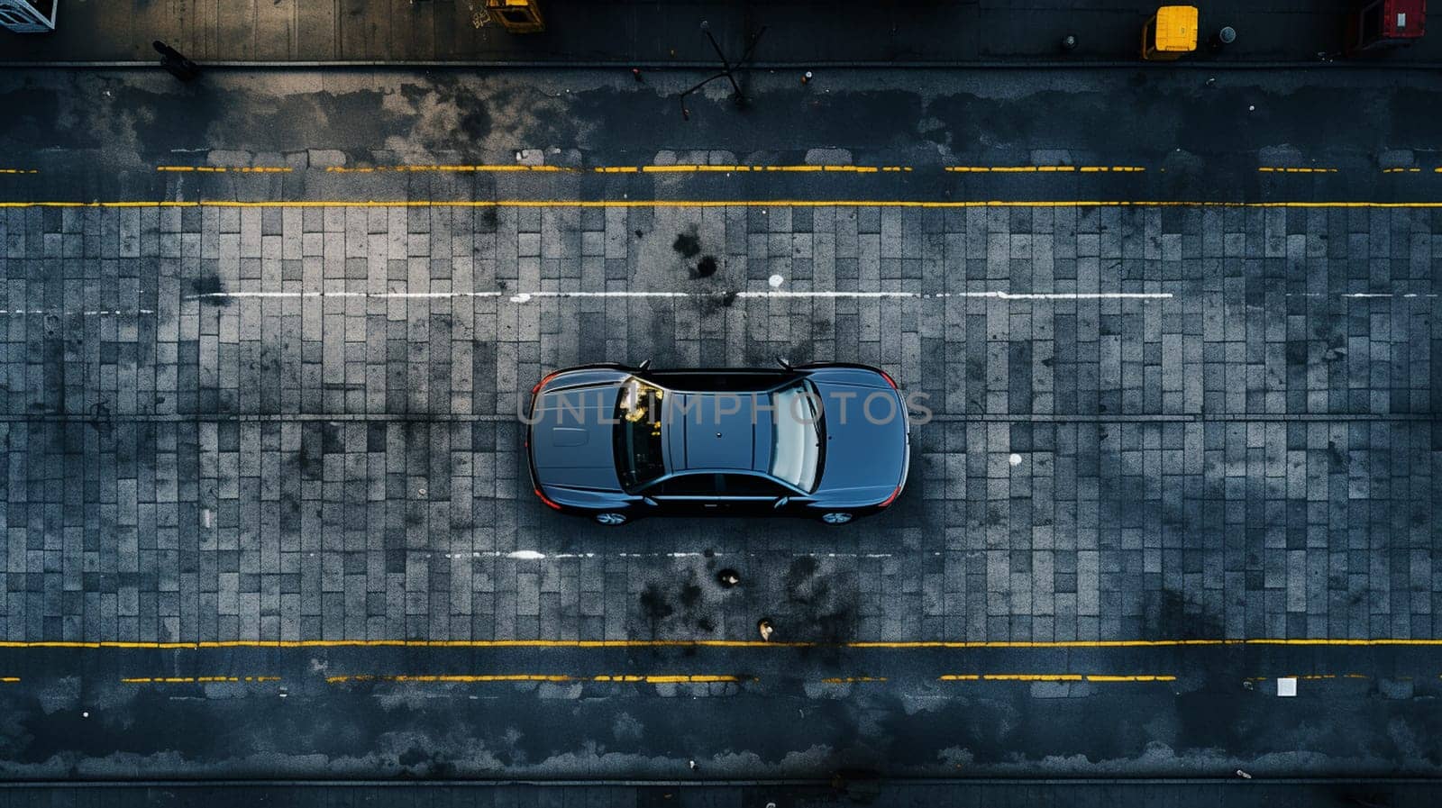 Aerial. A car with road top view. Top view from drone.