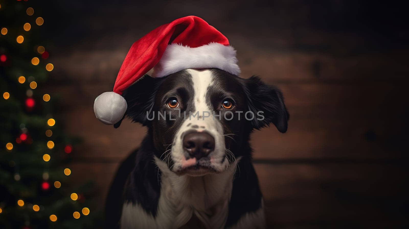 Cute black border collie with white nose wearing Santa hat against background of decorated Christmas tree out of focus and bokeh, Christmas concept with pet, High quality photo