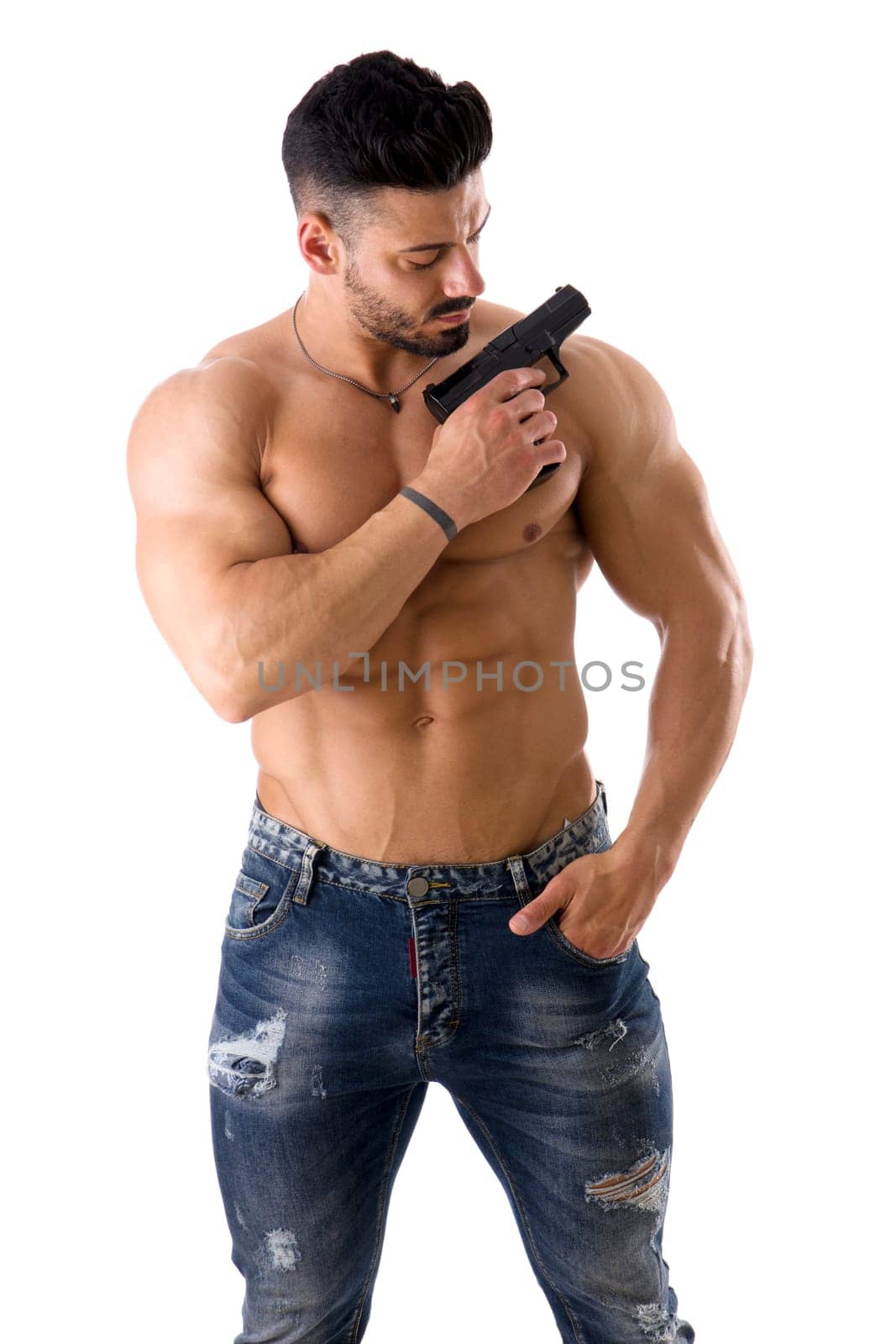 A Shirtless Man Holding a Gun and Pointing It at the Camera by artofphoto