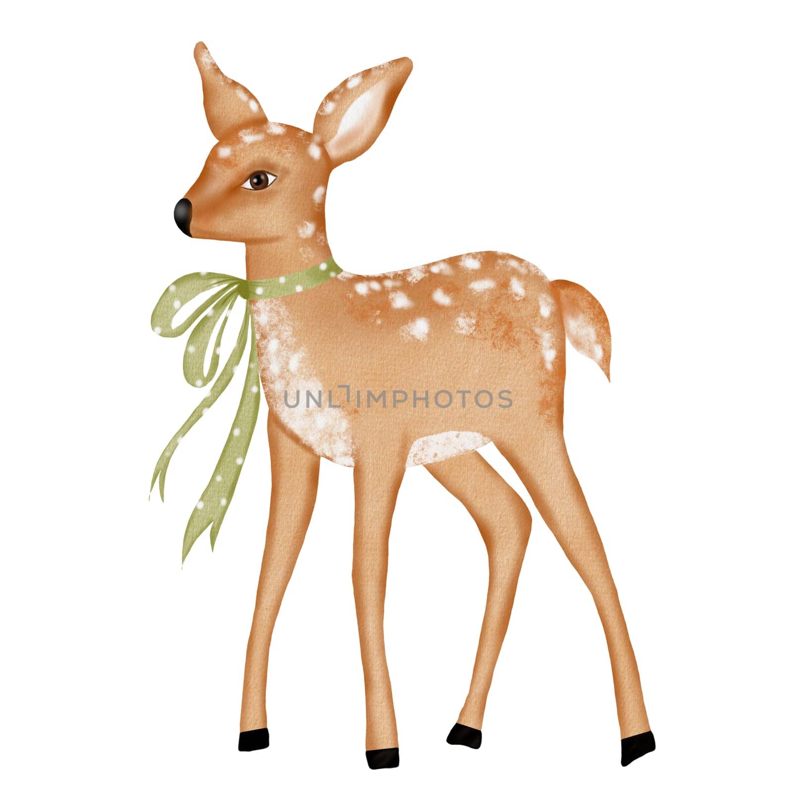 Watercolor drawing of a cute fawn with a green bow isolate on a white background. Pretty deer for printing on educational children's cards and posters.