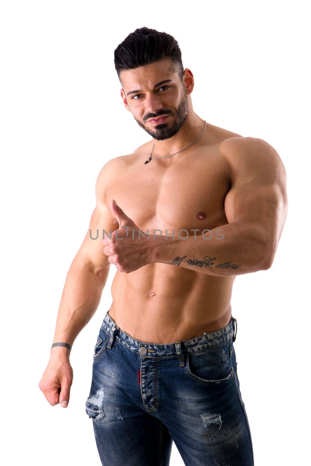A shirtless man posing for the camera doing thumb up sign, isolated on white in studio shot