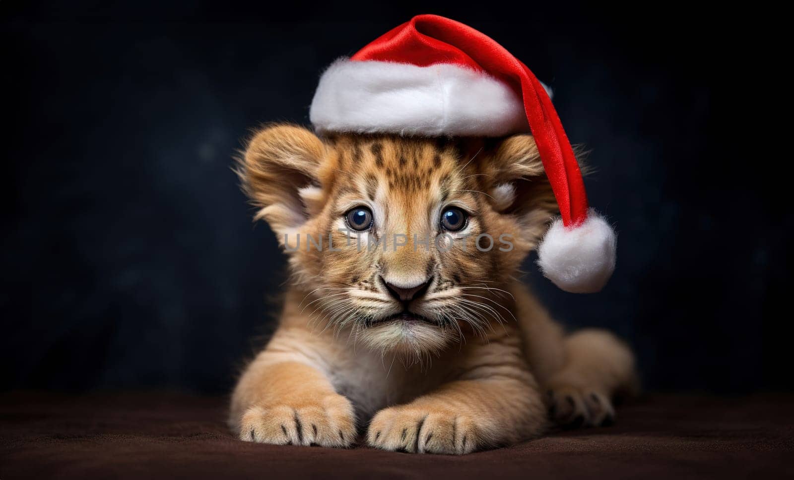 cute red lion cub in Santa hat on bokeh background, Christmas card, holiday for everyone, with high quality photos by KaterinaDalemans