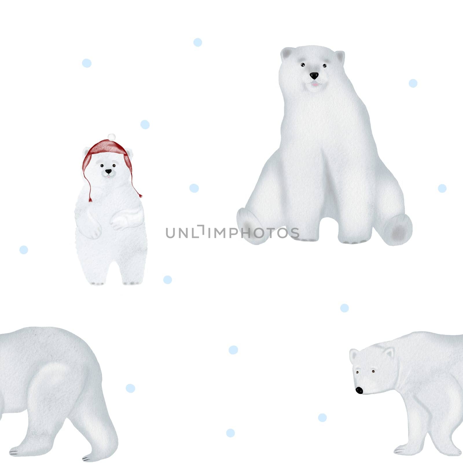 Watercolor seamless pattern with a family of polar bears. Winter cute pattern for printing on children's textiles and pajamas.