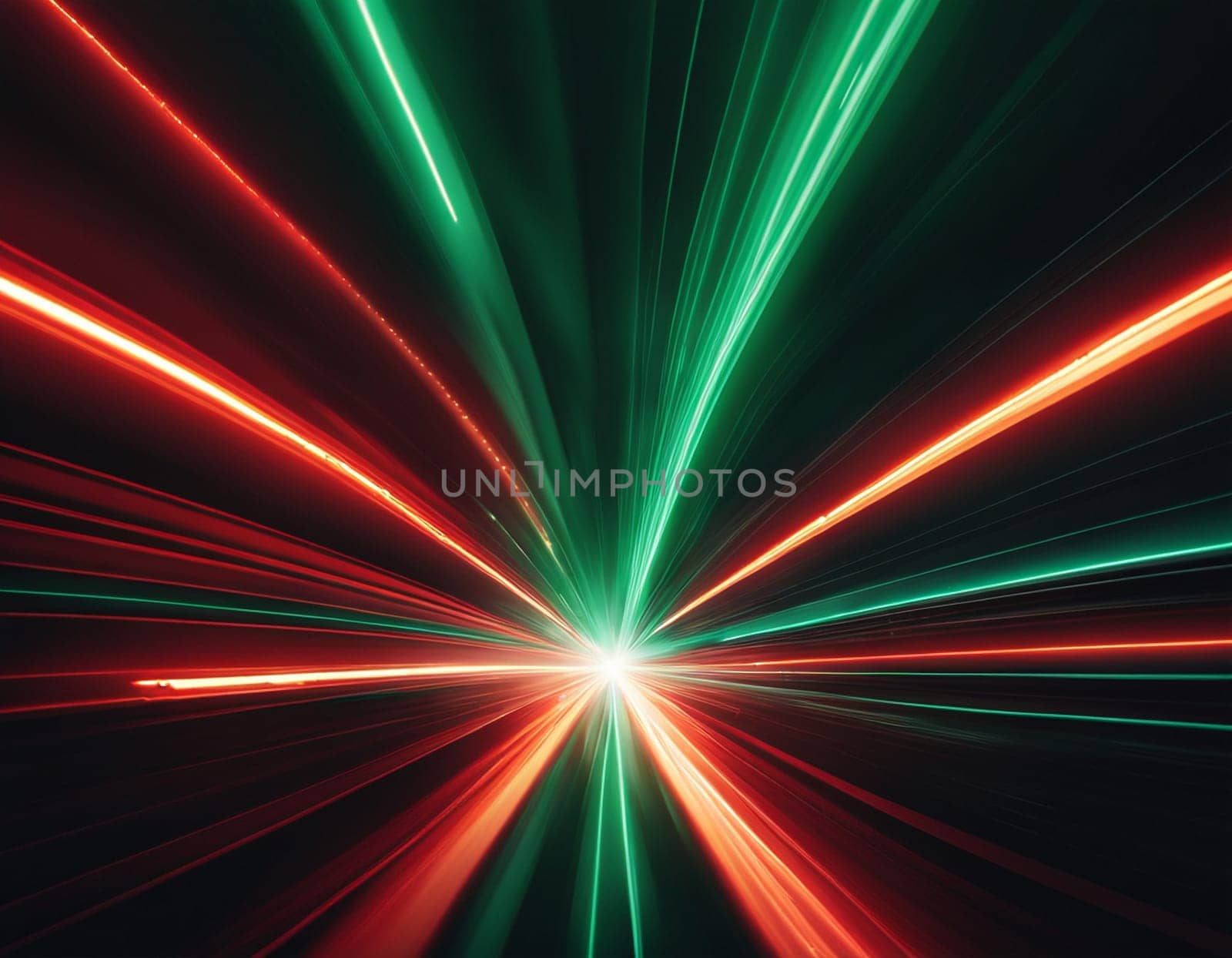 A green and red light streaks through a black background