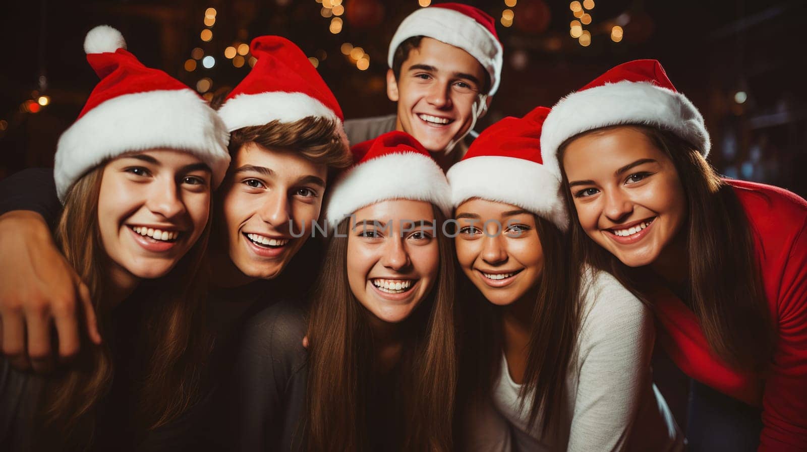 Happy teenagers wearing Santa Claus hat celebrating Christmas night together. Group of young people having new year party outside. Winter holidays concept.