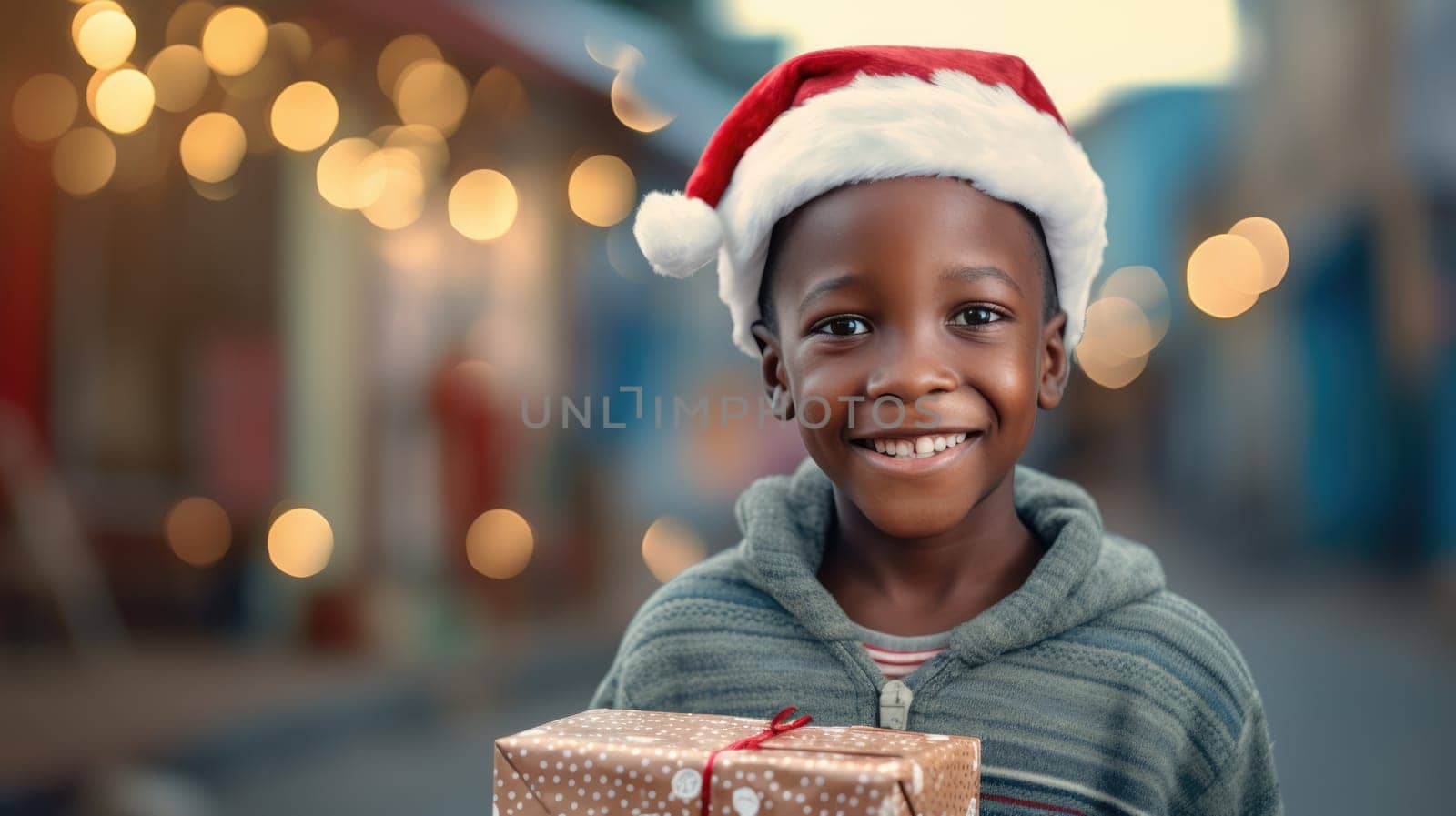 African kid with big giftbox is looking to the camera dusty street on background. Christmas support. Give and share kindness