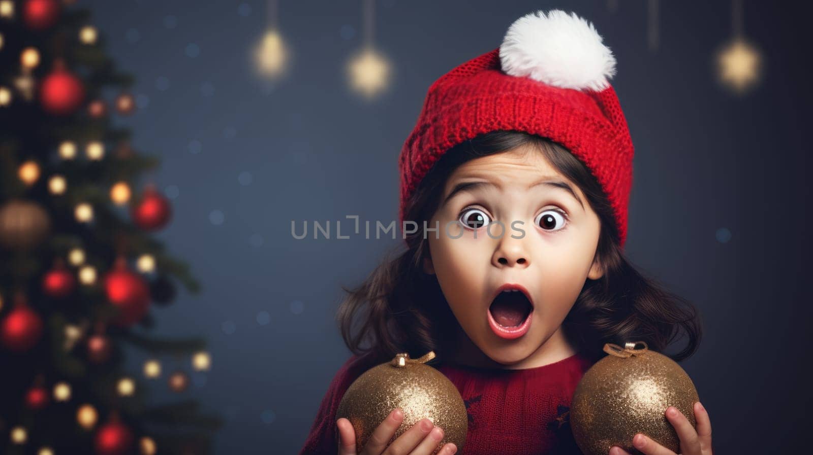 Surprised little girl in Santa Claus hat holding gift box. Christmas holidays. Boxing Day shopping. Holiday shopping.