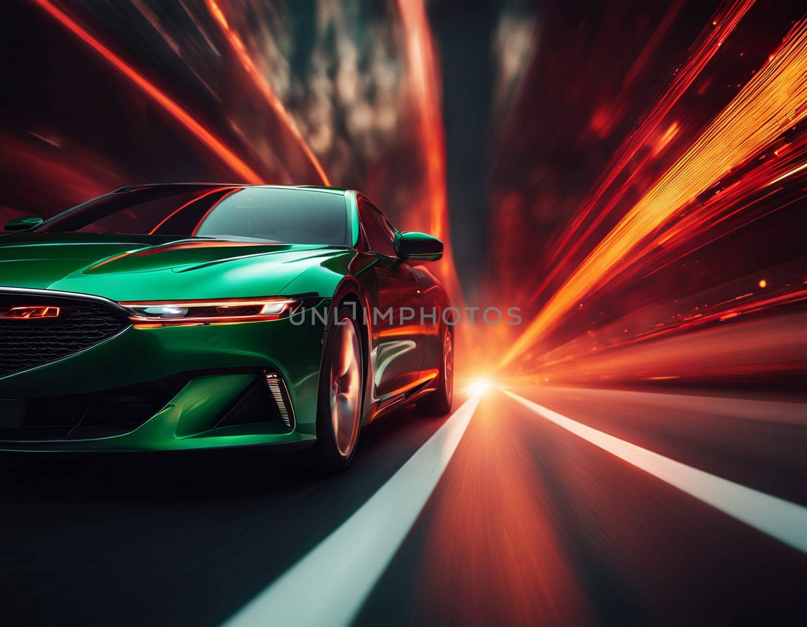 A green car driving down a city street, car photography, automotive photography, car shot