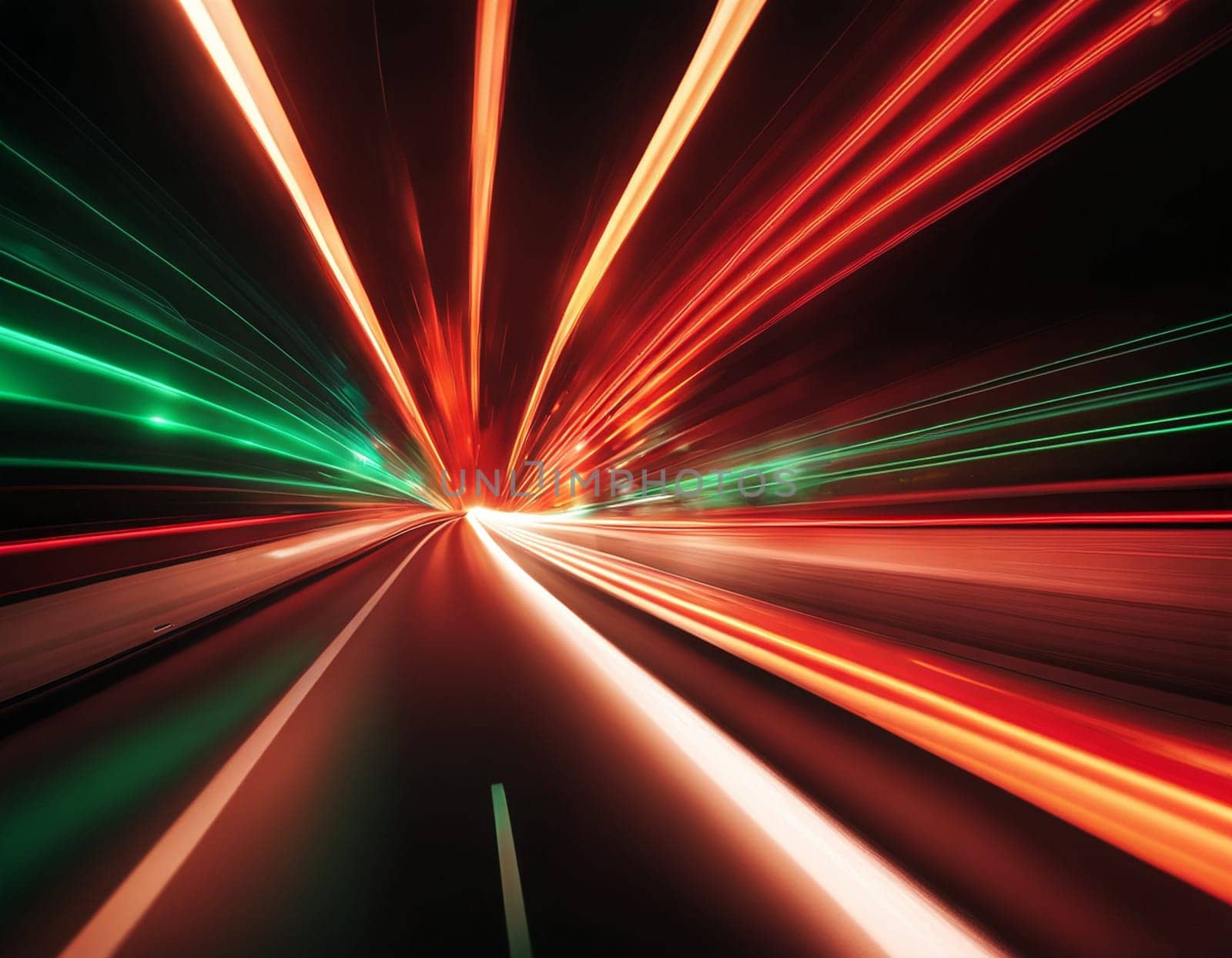 A green and red light streaks through a black background