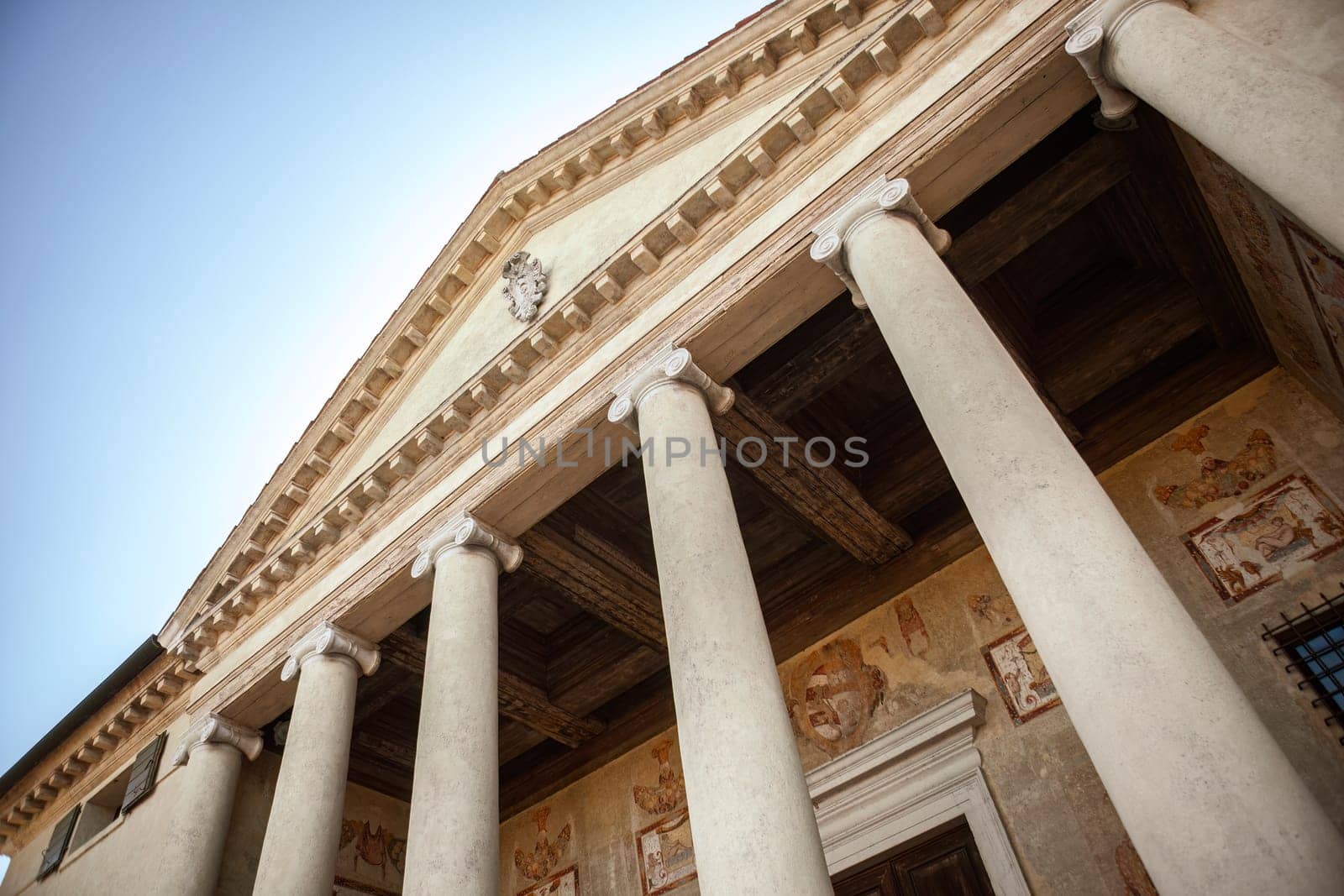 Intricate architectural details of the historic Villa Badoer in Fratta Polesine.