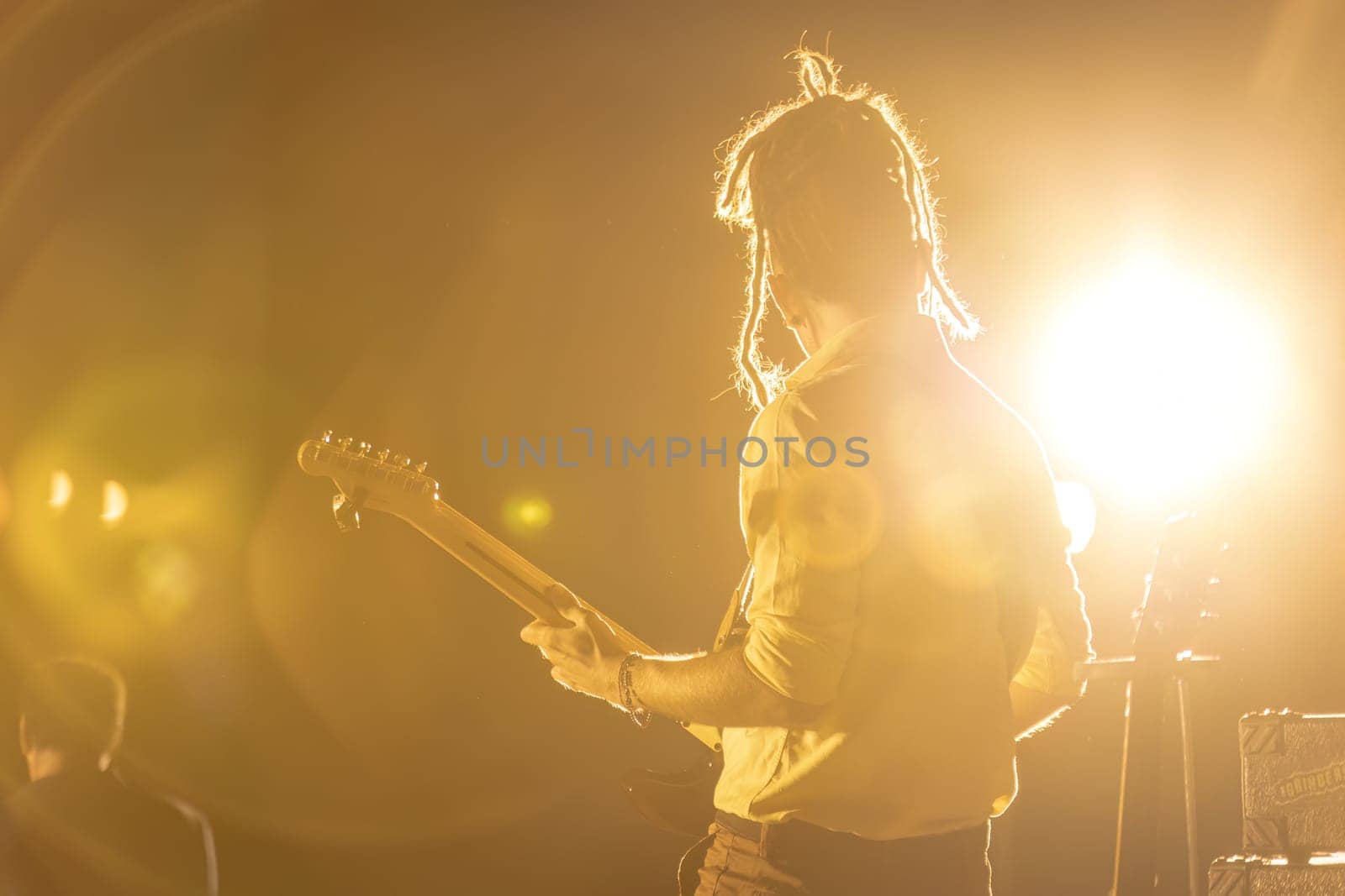 A guitarist seen from behind, playing in a foggy, atmospheric night concert setting.