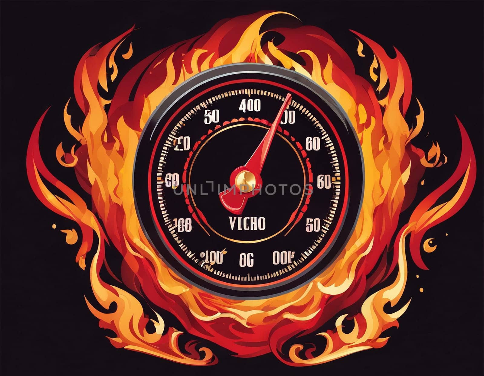 A speedometer shrouded in flames. High quality illustration