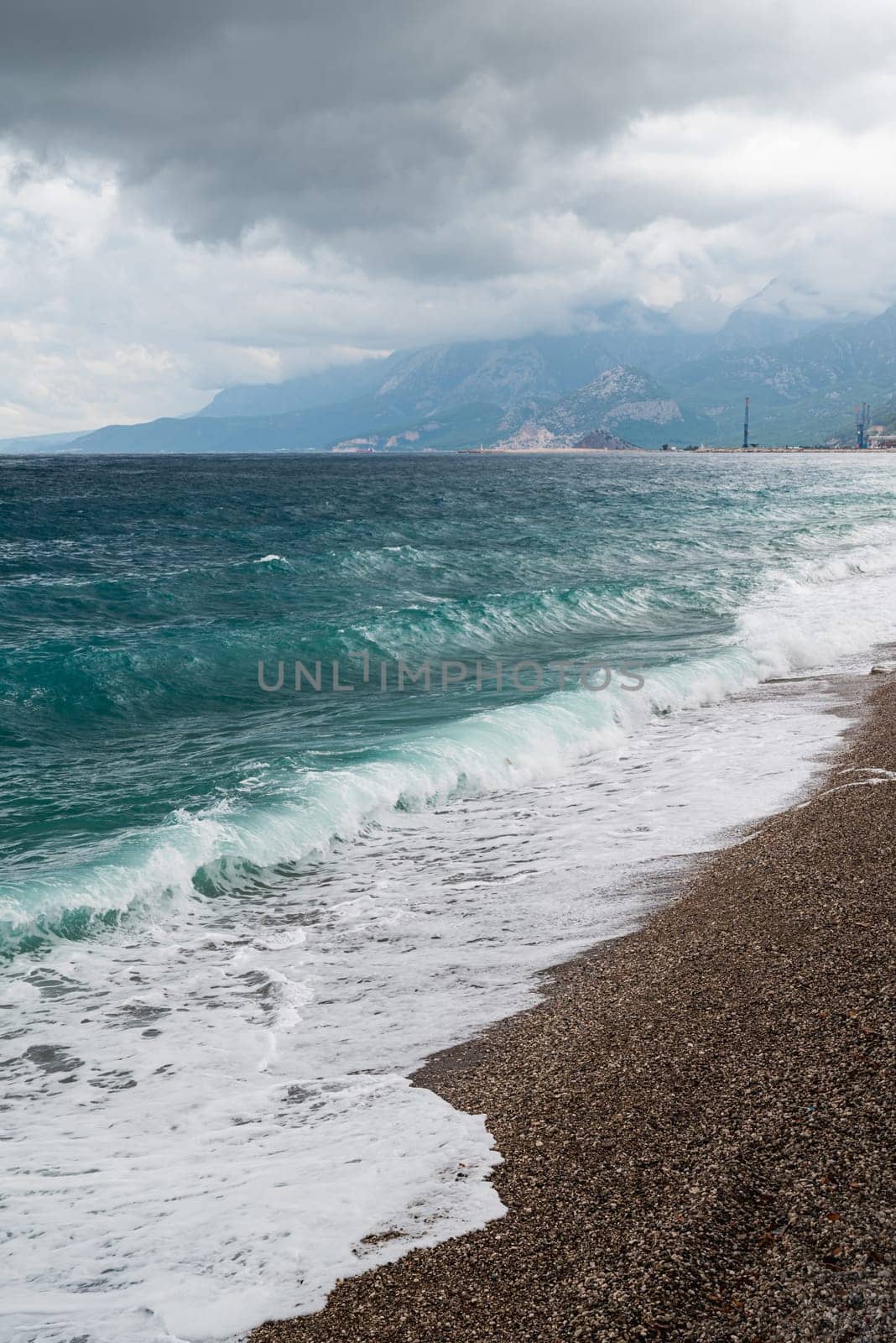 Big waves hitting the Konyaalti coast on a stormy day