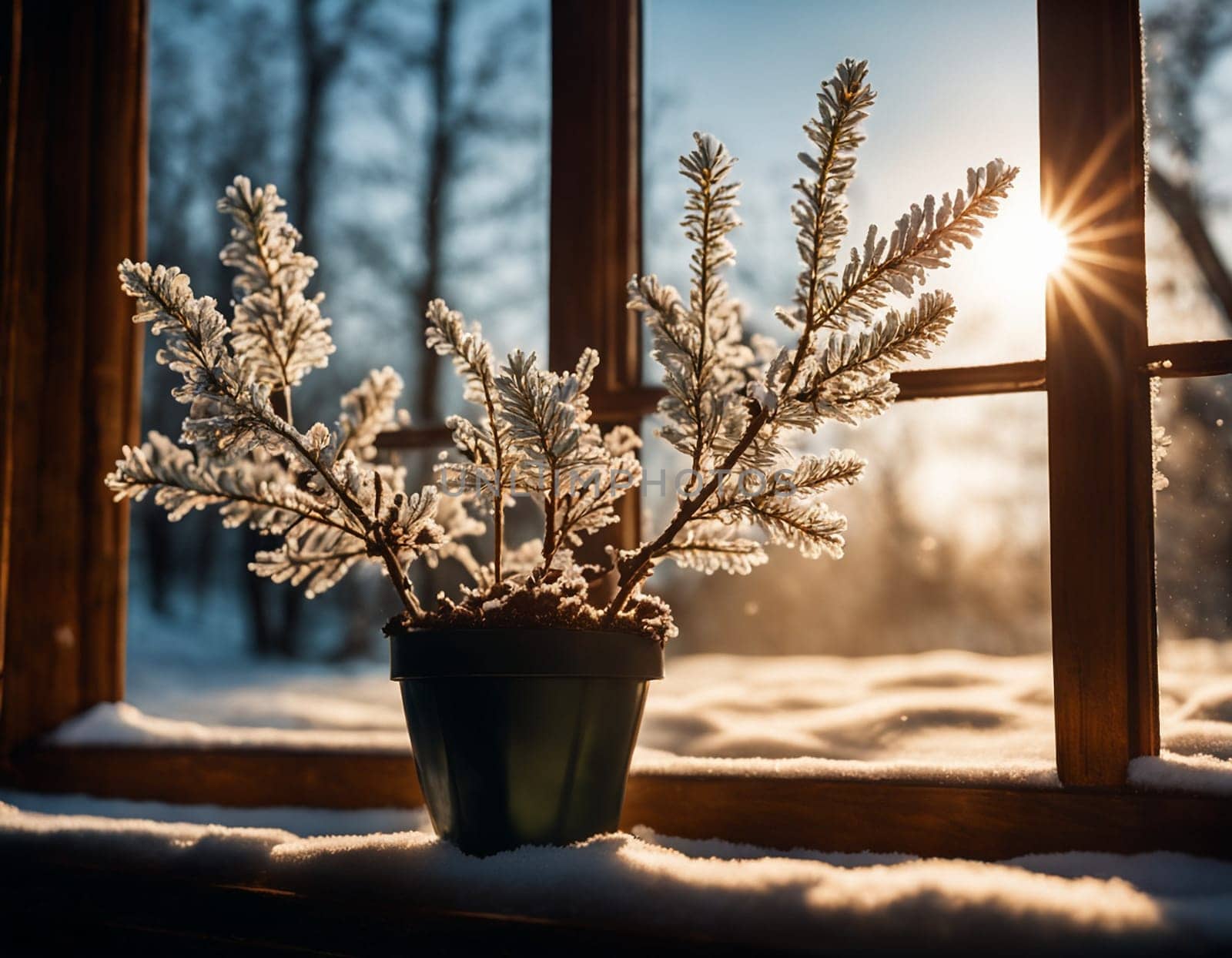 A potted plant sitting on top of a snow covered window sill, cold light from the window, cold sunshine through window, winter setting