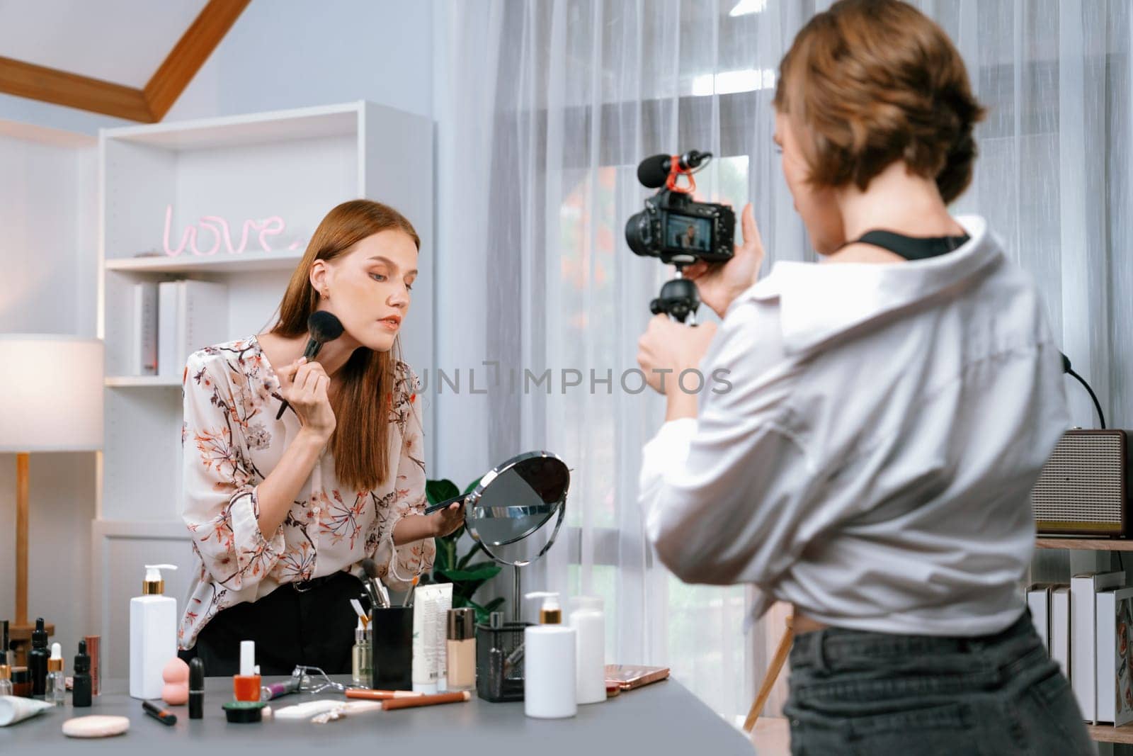 Woman influencer shoot live streaming vlog video review makeup utmost social by biancoblue