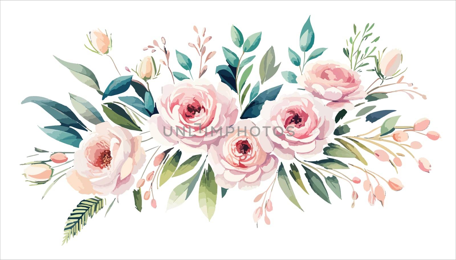 Flowers. Bouquet of pink roses and peony. Drawn flowers on an isolated white by EkaterinaPereslavtseva