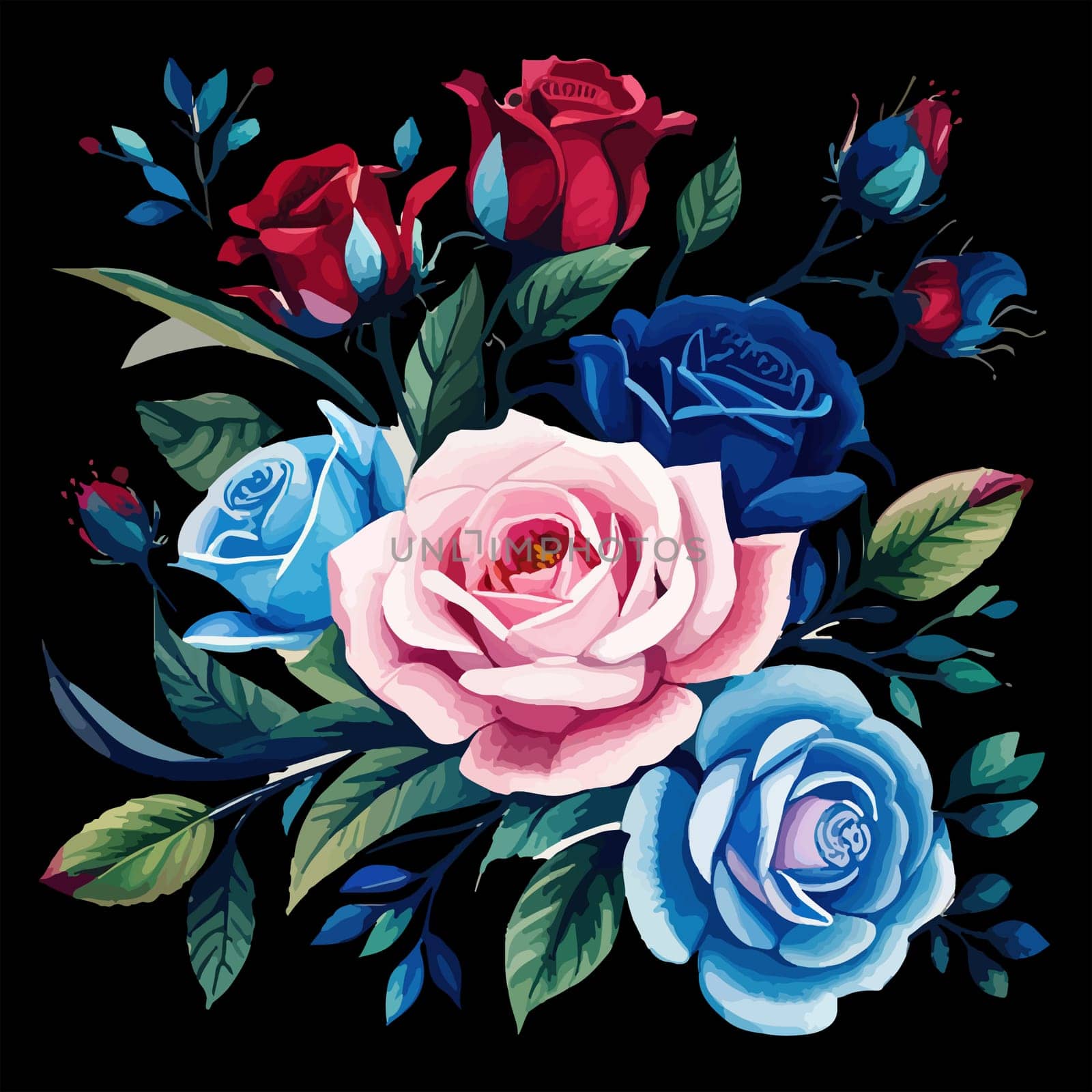 Floral bouquet, illustration. Red, white, and blue flowers roses by EkaterinaPereslavtseva
