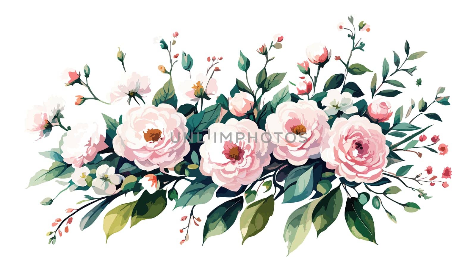 Flowers. Bouquet of pink roses and peony. Drawn flowers on an isolated white by EkaterinaPereslavtseva