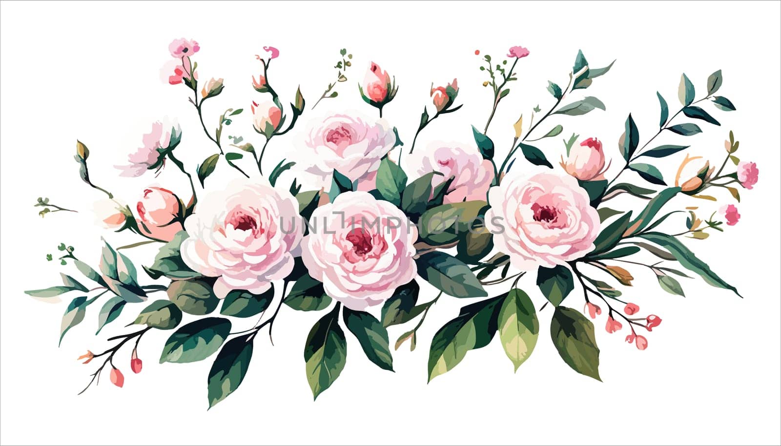 Blooming flowers pink roses for your design. Spring, summer wedding romantic elegant date marriage symbol. Bouquet for your template, design of invitation card. illustration