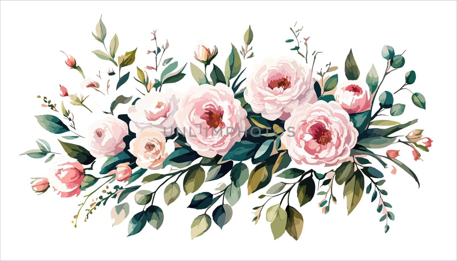 Watercolor illustration of bouquet with pink roses and buds, green leaves on a white background, illustration for postcard and congratulations design