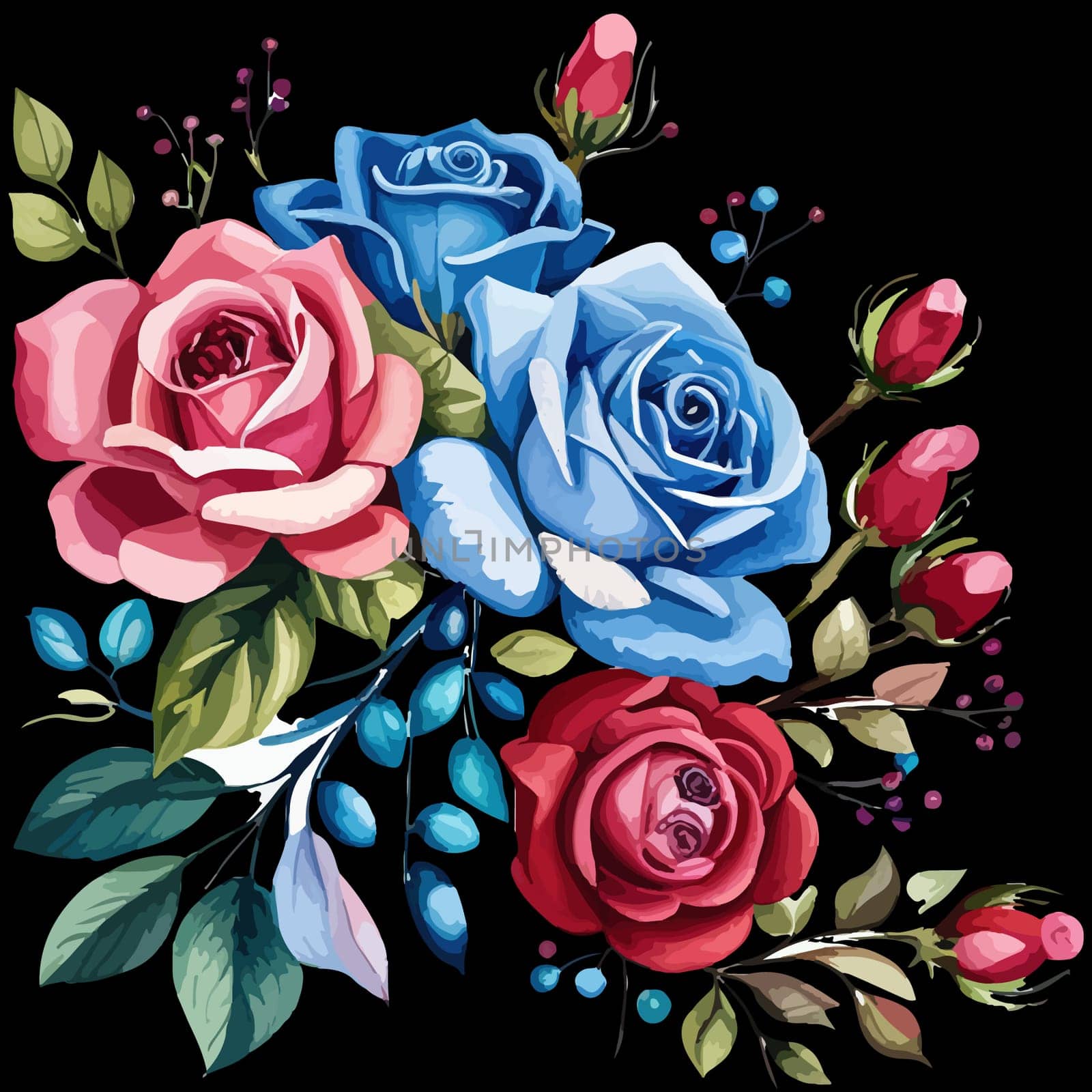 Floral bouquet, illustration. Red, white, and blue flowers roses by EkaterinaPereslavtseva