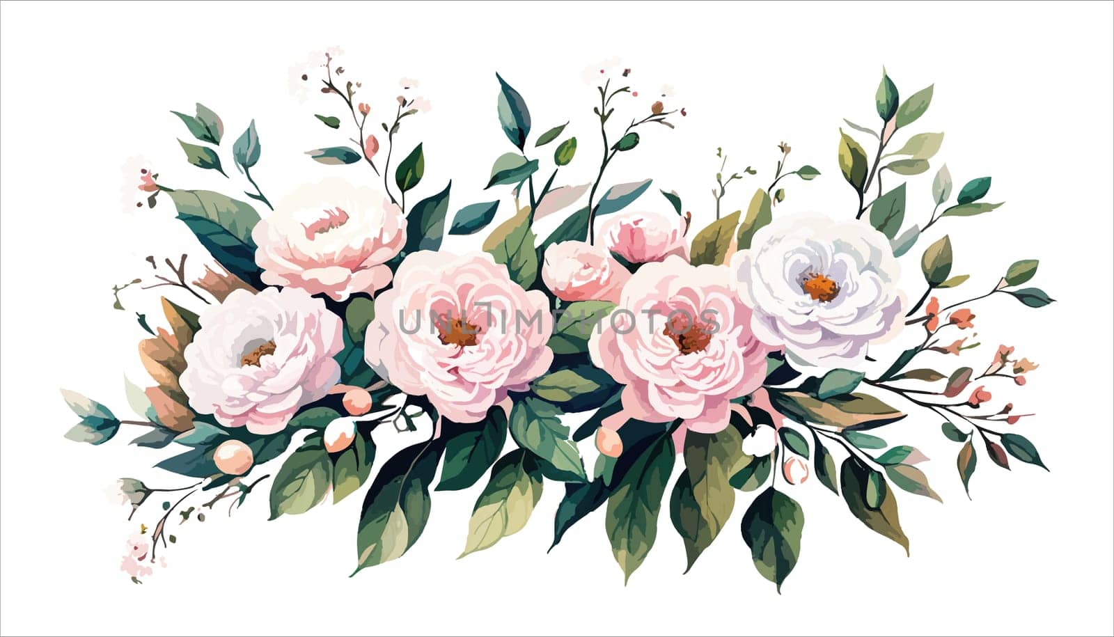 Floral bouquet, watercolor illustration. Pink roses flowers arrangement. Botanical painting on a white isolated background.