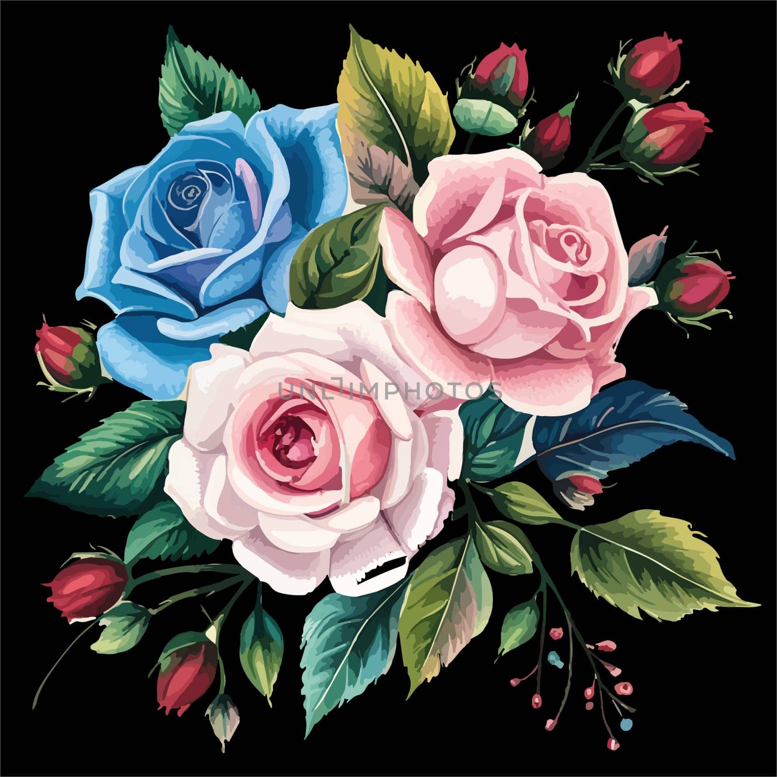 Vintage card with roses red blue and pink on a white background. Can be used as invitation card for wedding, birth, other invents, as print on clothes. illustration