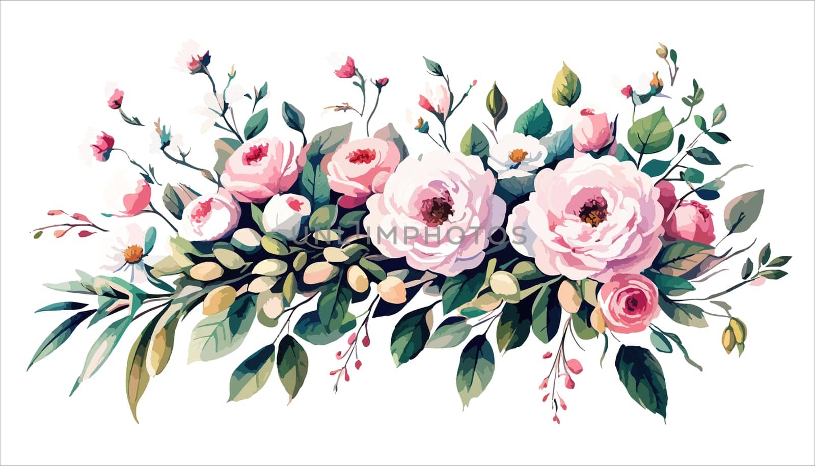 Watercolor floral bouquet composition with pink roses and green leaves on white by EkaterinaPereslavtseva