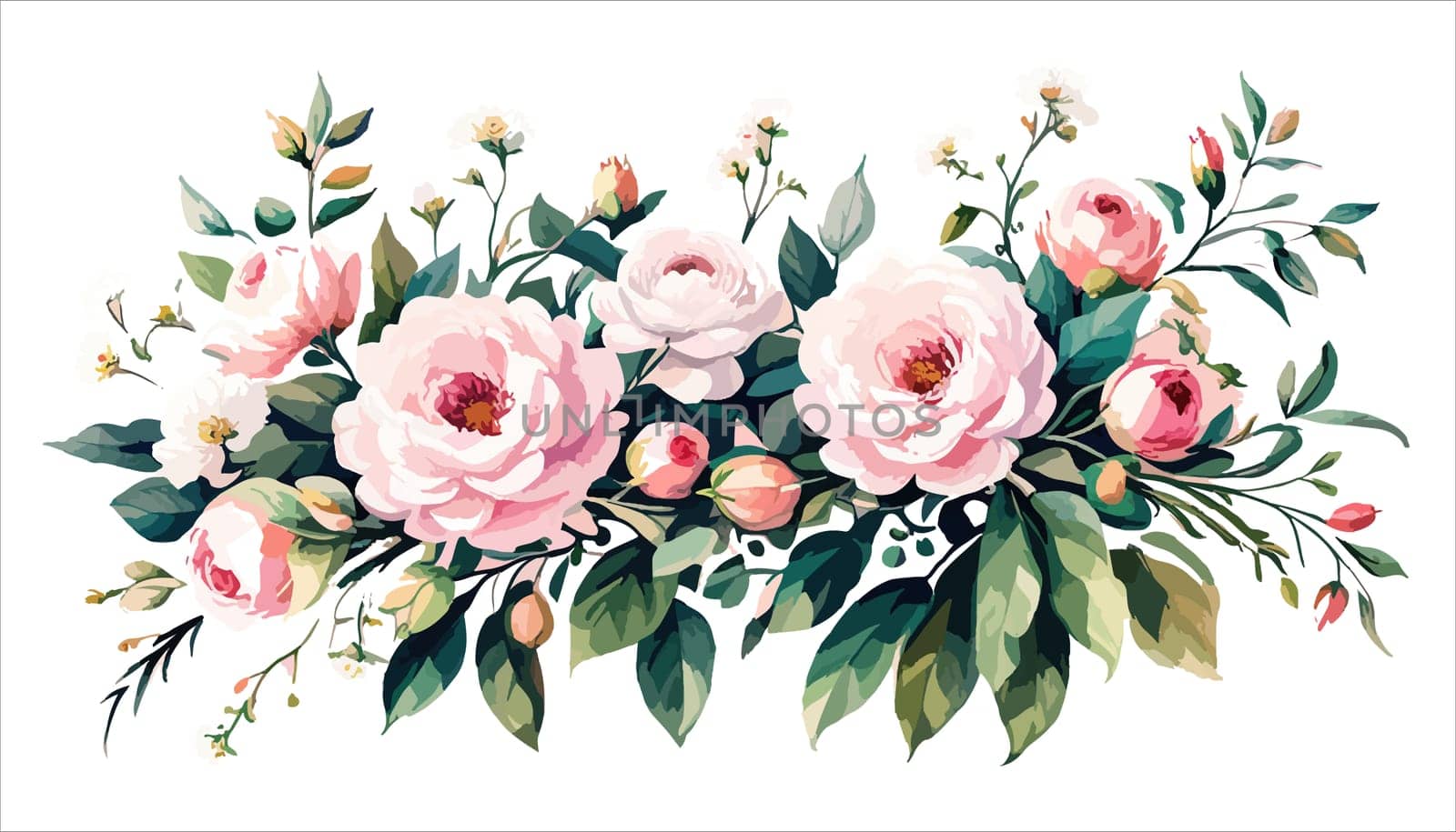 Floral bouquet, watercolor illustration. Pink roses flowers arrangement. by EkaterinaPereslavtseva